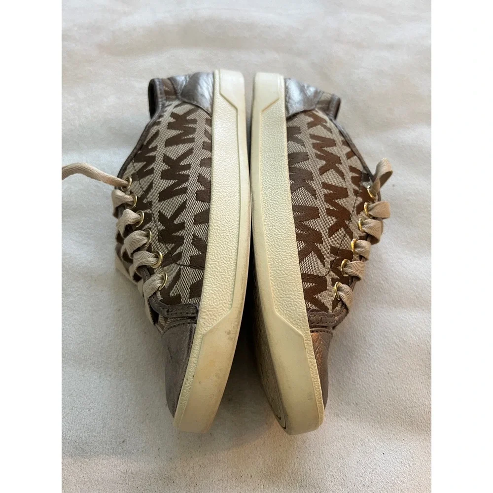 Michael Kors MK Logo Canvas Leather Trim Low Top Sneakers Women's Size 7M Bronze